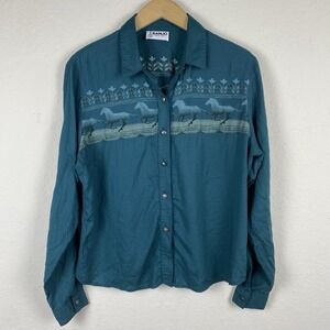 Vtg BANJO womens XL Shirt Horse Print Button Up Western Teal Cowgirl Landscape